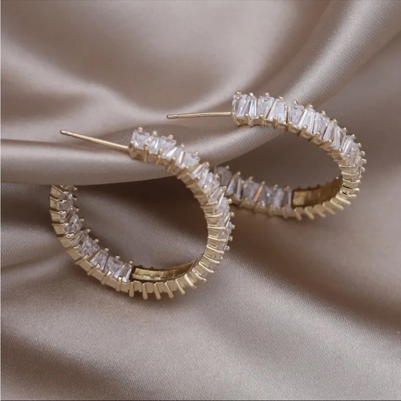 Loop Hoop 14K gold plated luxury big round C-shaped zircon earrings elegant - Picture 5 of 16